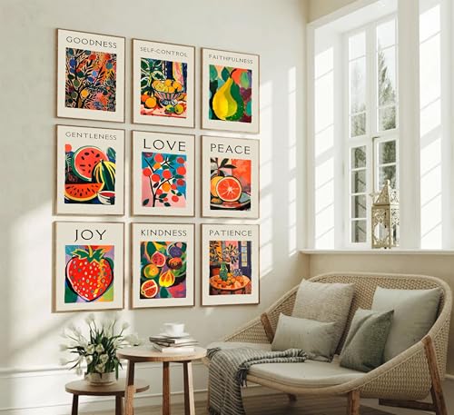 9Pcs Fruit of the Holy Spirit Wall Art Bible Verse Canvas Poster Print Inspirational Fruit Painting Pictures Christian Wall Decor for Bedroom Classroom School 12x16in Unframed