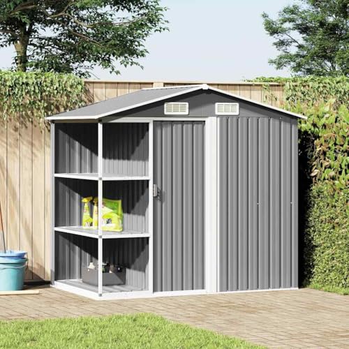 Techo a dos aguas para jardín, caseta de jardín con estante, color gris, 205 x 130 x 183 cm, hierro, para exteriores, cobertizo de dispositivos, garaje para bicicletas