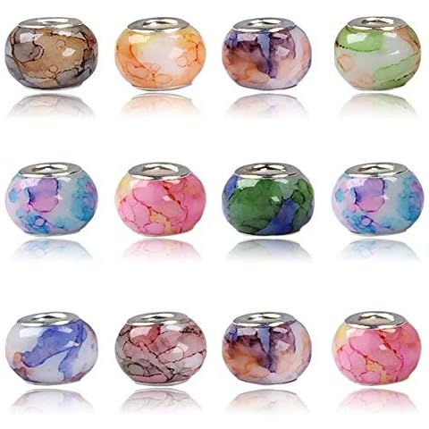AIPRIDY 100Pcs 15x11mm Painting Murano Large Hole Glass Beads Mix Color with Silver Brass Cores European Charm fit Bracelet Necklace (Watercolor effect OPEC white glass) Cover