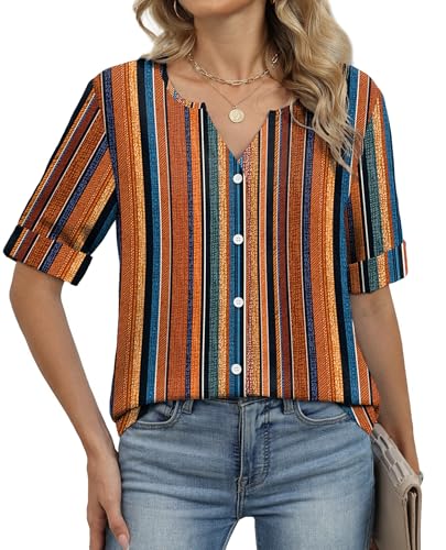 Image of OFEEFAN Button Down Shirts for Women 3 /4 Length Sleeve Tops V Neck Blouses Business Casual Outfits Loose Fit