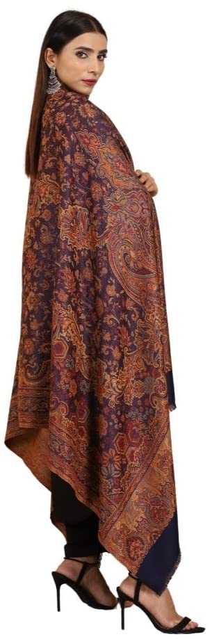 SWI STYLISH Women’s Kashmiri Jamawar Inspired Shawl – Warm Silky Soft Polyester Winter Wrap (100x200 cm) Large Designer Shawl for Ladies (Navy Blue)