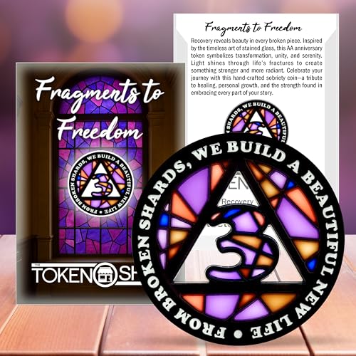 Image of Stained Glass 3 Year AA Chip Sobriety Coin Medallion, Fragments to Freedom Alcoholics Anonymous Addiction Recovery Anniversary Token, Inspirational Sober Gifts for Men and Women by the Token Shop