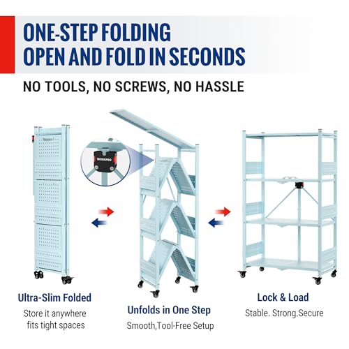 Image of WORKPRO 4-Tier Folding Shelf, No-Assembly Metal Storage Rack with Wheels, 600 lbs Capacity (with Leveling Feet), Collapsible Shelving Unit for Kitchen, Pantry, Closet & Craft Shows - Blue
