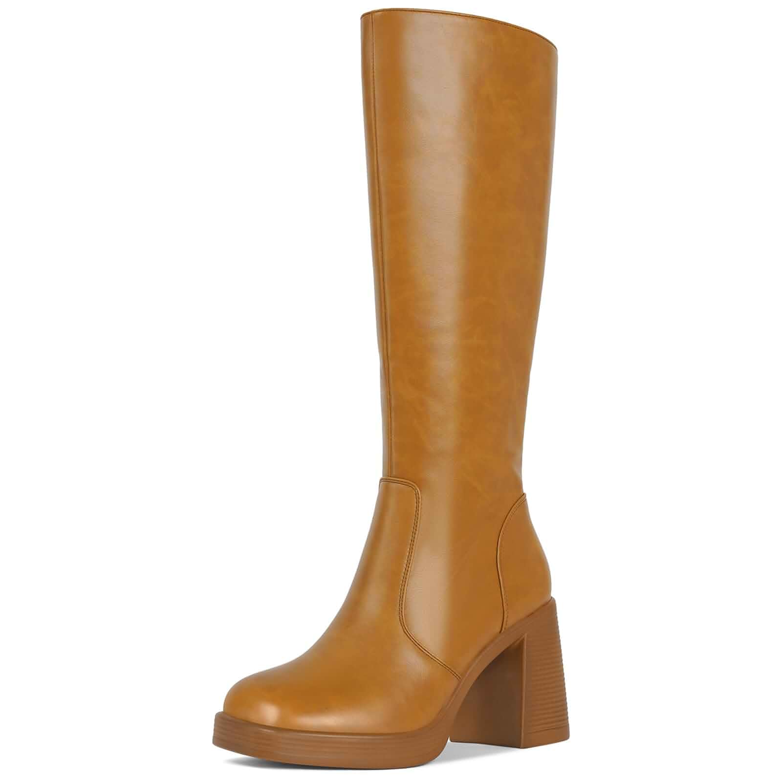 SOVANYOU Black Leather Boots Platform Boots for Women Fashion Square Toe Chunky Block Heeled Boots Side Zip