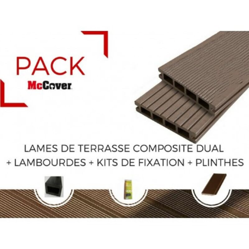 PACK 4 m² lame de terrasse composite Dual + ACCESSOIRES 3600mm Brun rouge, ep.25mm, l.14 cm, L.360 cm