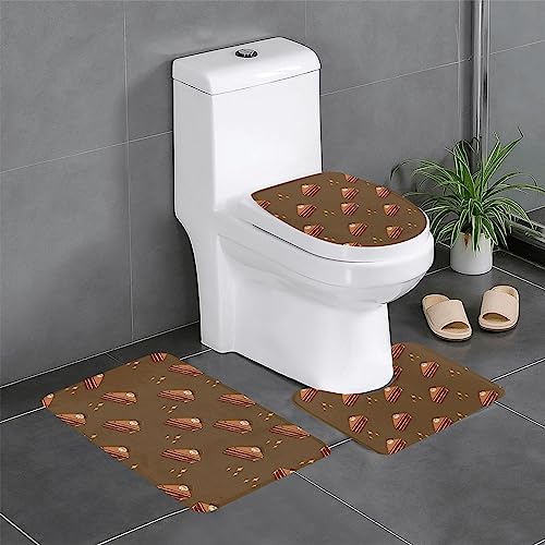 Juego de 3 alfombras de baño, antideslizantes, cubierta para tapa de inodoro, contorno en forma de U, diseño de tartas, color chocolate