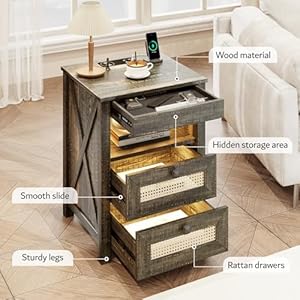 Rustic nightstand with gun drawer end table with charging station led bedside table with human sensor light rattan night stand for bedroom brown  urban country home decor