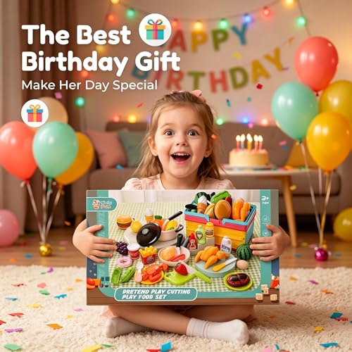 Image of HOLYFUN Play Food Toy Set with Shopping Basket & Cutting Fruits | Includes toy pots, pans, plastic dishes and realistic food pieces for pretend cooking, role play and hands-on learning