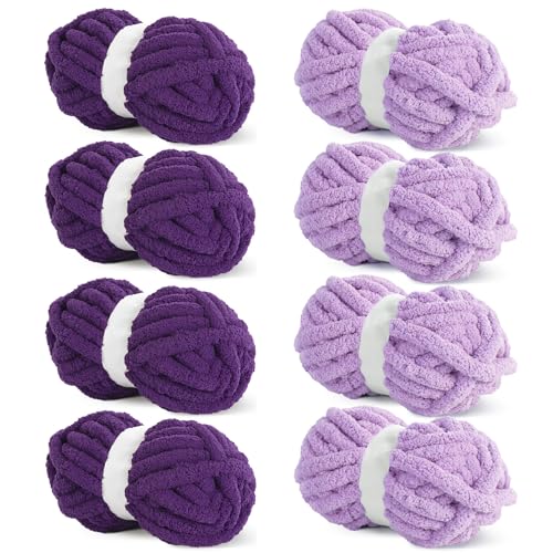HOMBYS Chunky Chenille Yarn for Crocheting Super Bulky Jumbo Yarn for Hand Knitting 3/4 Thick Soft Plush Yarn for Blankets 8 Skein Pack (27 yds / 8 oz Each) Multi Assorted Purple