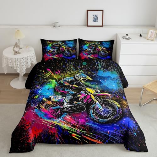 Loussiesd Juego de edredón para niños y niños, juego de ropa de cama de motocross, juego de ropa de cama de motociclista, decoración de habitación de niños, edredón de motor de motocross, juego de