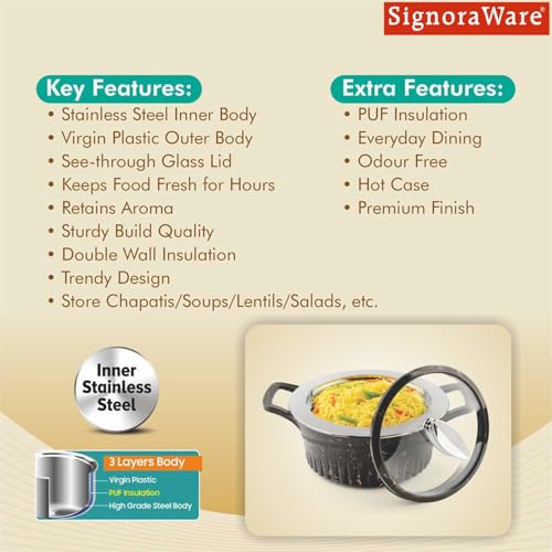 Image of SignoraWare Master Lock BPA Free Plastic Casserole | Inner Stainless Steel With Borosilicate Glass Lid | Perfect for Home, Kitchen & Gifting | Ideal for Storing & Serving Hot Meals (2 Ltr | Black)