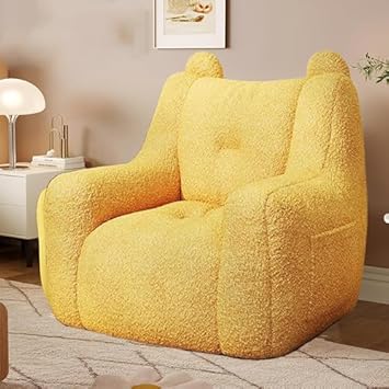 Giant Bean Bag Chair,Huge Bean Bag Chair with a Side Pocket, Teddy Velvet Oversized Bean Bag Chair for Adults, Lazy Sofa for Bedroom, Living Room and Offices Yellow-Small
