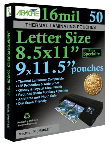 Image of Apache Letter Size Laminating Pouches, 16 Mil, 50 Pack, Holds 8.5x11 Inch Projects (9x11.5 inch Pouch Size), Thermal Laminator Compatible Laminating Sheets, Clear, Round Corners, Elite Specialty Line