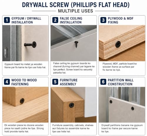 Image of By inchVP INDUSTRIES inch (Pcs-100) No.6x25 mm Drywall Gypsum Screws - Black Zinc Sharp Point Self-Tapping Carbon Steel for Wood, Gypsum Board, Plywood, Plasterboard, Furniture & Cabinets
