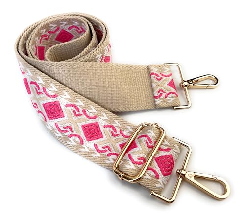Image of Beige Hot Pink Boho Diamond Purse Strap with Light Gold Hardware 2 Inch Wide Replacement Crossbody Guitar Style Shoulder Strap for Handbags Totes