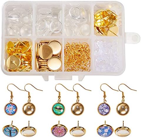 SUNNYCLUE 1 Box 100Pcs Earring Wire Hook & 40pcs 12mm Round Cabochon Pendant Ear Studs Settings & 40pcs Clear Glass Cabochons & Earnuts Earrings Backs for Jewelry Making Instruction