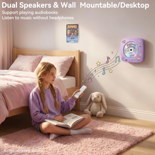Image of CD Player Portable Bluetooth Rechargeable: CD Players for Home Kegaudio 1800mAh Desktop Wall CD Player with Speakers with Dust Cover FM Radio USB Remote Control