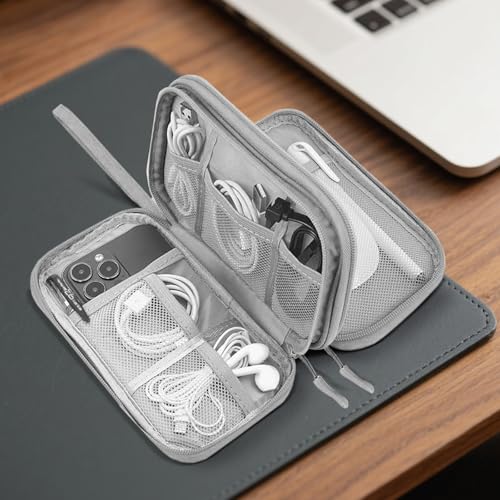 Organizador de artículos electrónicos de viaje, bolsa organizadora de cables impermeable para accesorios electrónicos, doble capa, grande, a prueba de golpes, bolsa de almacenamiento de cables, gris