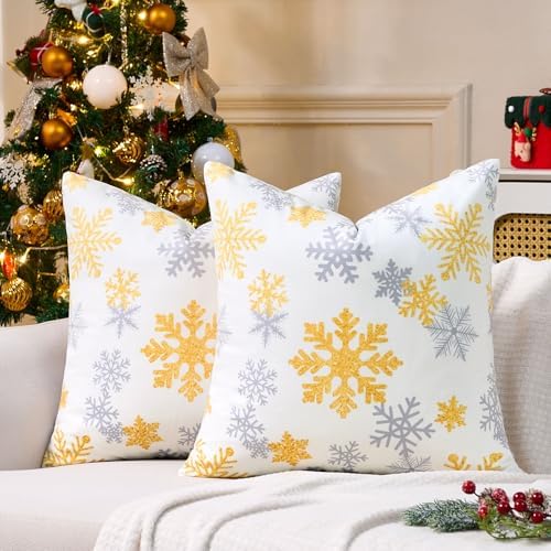 Christmas Snowflake Pillow Covers Merry Christmas White Decorations Throw Pillow Covers Set of 2 Xmas 18x18 Winter Holiday Decor Couch Pillow Cases Soft Throw Pillow Cases for Sofa Living Room