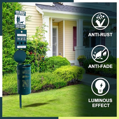 Image of Qinyoung Dog Waste Station Galvanized Steel Outdoor Pet Bin with Poop Bag Dispenser Reflective Sign Rust Proof for Backyard Commercial Park(Green)