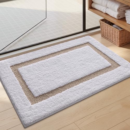 Image of Color&Geometry Extra Soft Absorbent Microfiber Bath Rugs, Non-Slip Bathroom mat, Small Washable Plush Bath Mats for Bathroom, Shower, Tub, Laundry, 17x30, White and Khaki