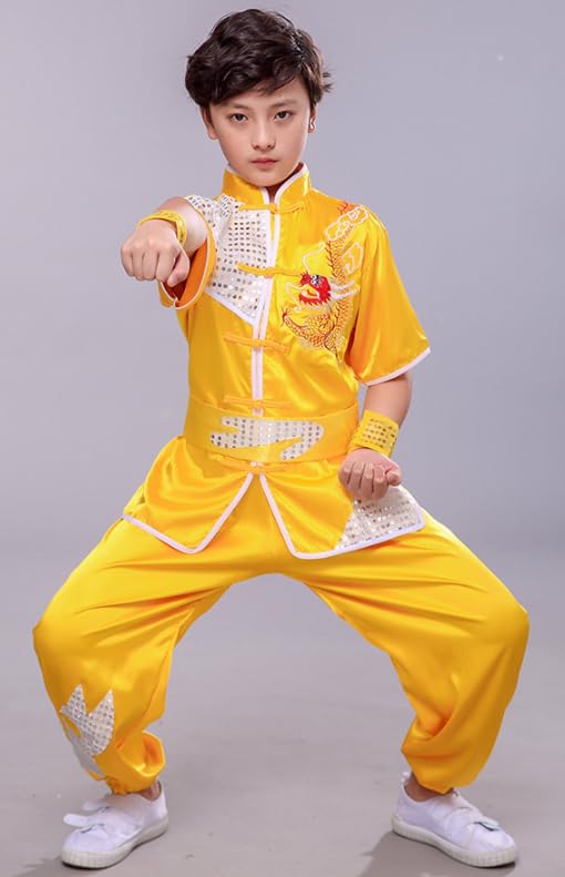 Image of Boys Girls Kung Fu Master Tai Chi Dragon Chinese Uniform Top Shirt Pants Set Outfit