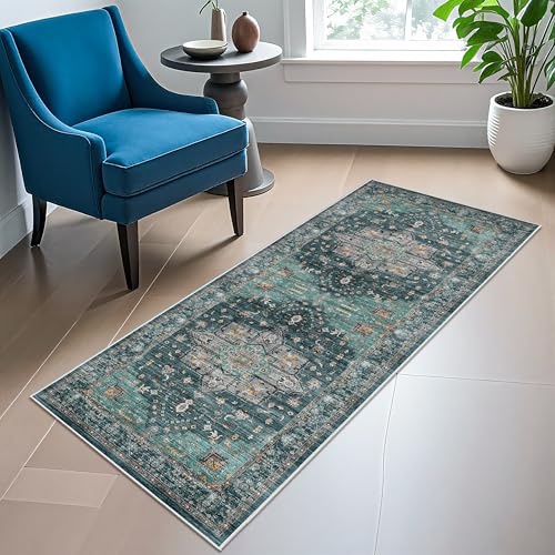 Living Room 2x5 Runner Rugs - Boho Rugs for Living Room Stain Resistant Carpet Vintage Tribal Rugs for Bedroom Kitchen Bathroom with Non Slip Backing Home Decor Floor Decoration Mat 2x5 Teal