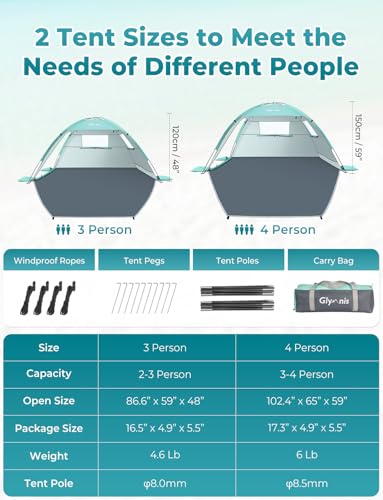 Image of Glymnis Beach Tent Sun Shelter for 4 Person with UPF 50+ UV Protection, Lightweight & Easy Setup Beach Shade Canopy with Vent Windows & Zippered Door - Green