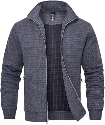 Satankud Men's Jacquard Waffle PlaidCloth Bright Metal Zipper Lightweight Jacket