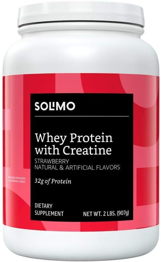 Amazon Brand - Solimo Whey Protein Powder with Creatine, Strawberry,2 Pound (Pack of 1)