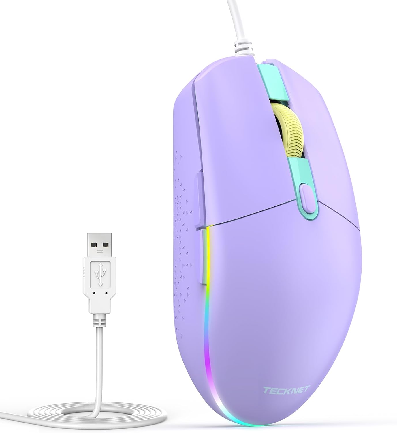 TECKNET Wired Mouse - USB Corded Mouse with RGB Backlit Full Size Optical Silent Mouse with Side Buttons,LED Plug and Play Wired Connection Office Mice for Desktop,PC,Laptop