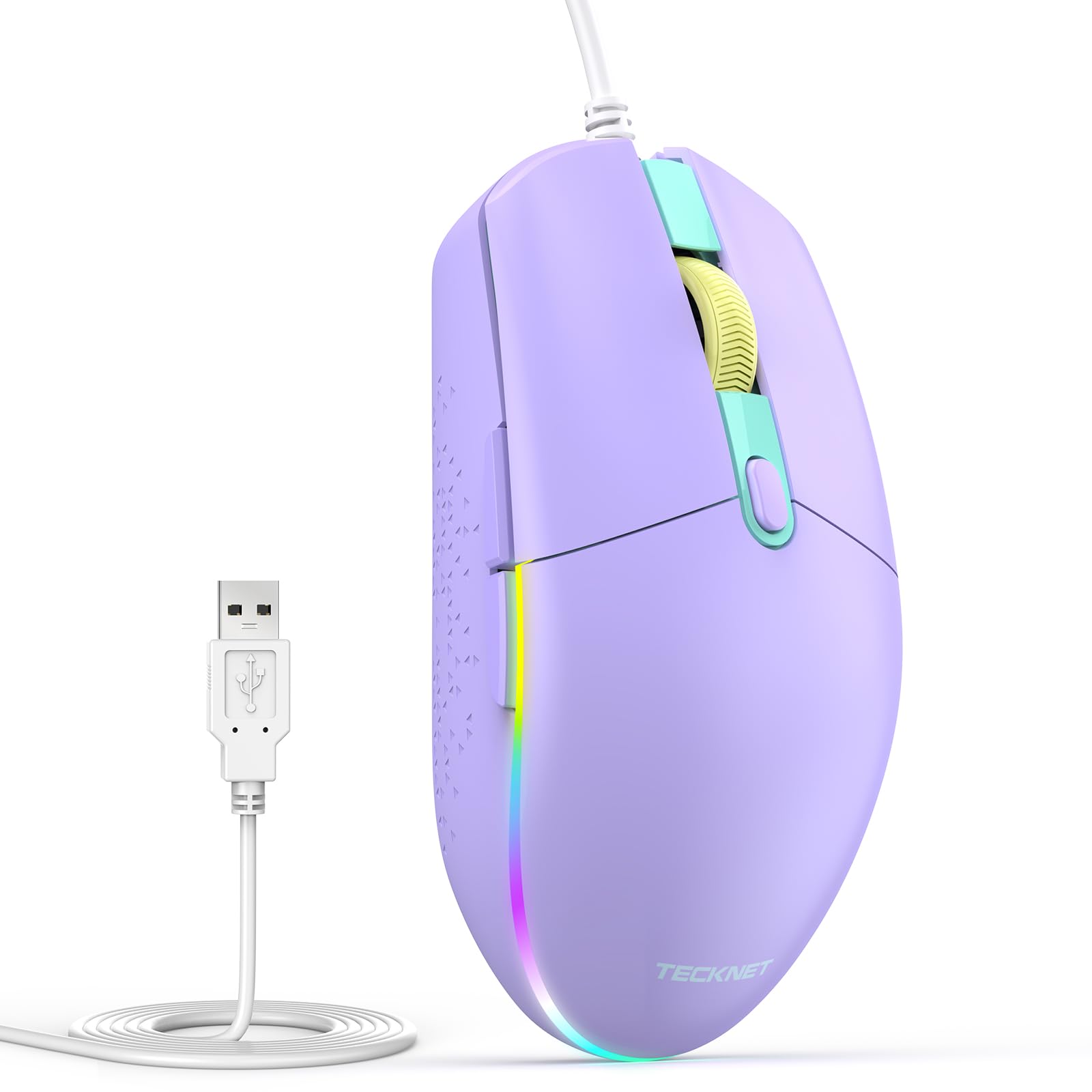 TECKNET Wired Mouse with RGB Backlit, Full Size Mouse with Side Buttons | Up to 8000 DPI, Plug and Play Silent Corded USB Computer Mouse, 7 Adjustable RGB Lighting Modes, Office and Gaming Mice Light Purple