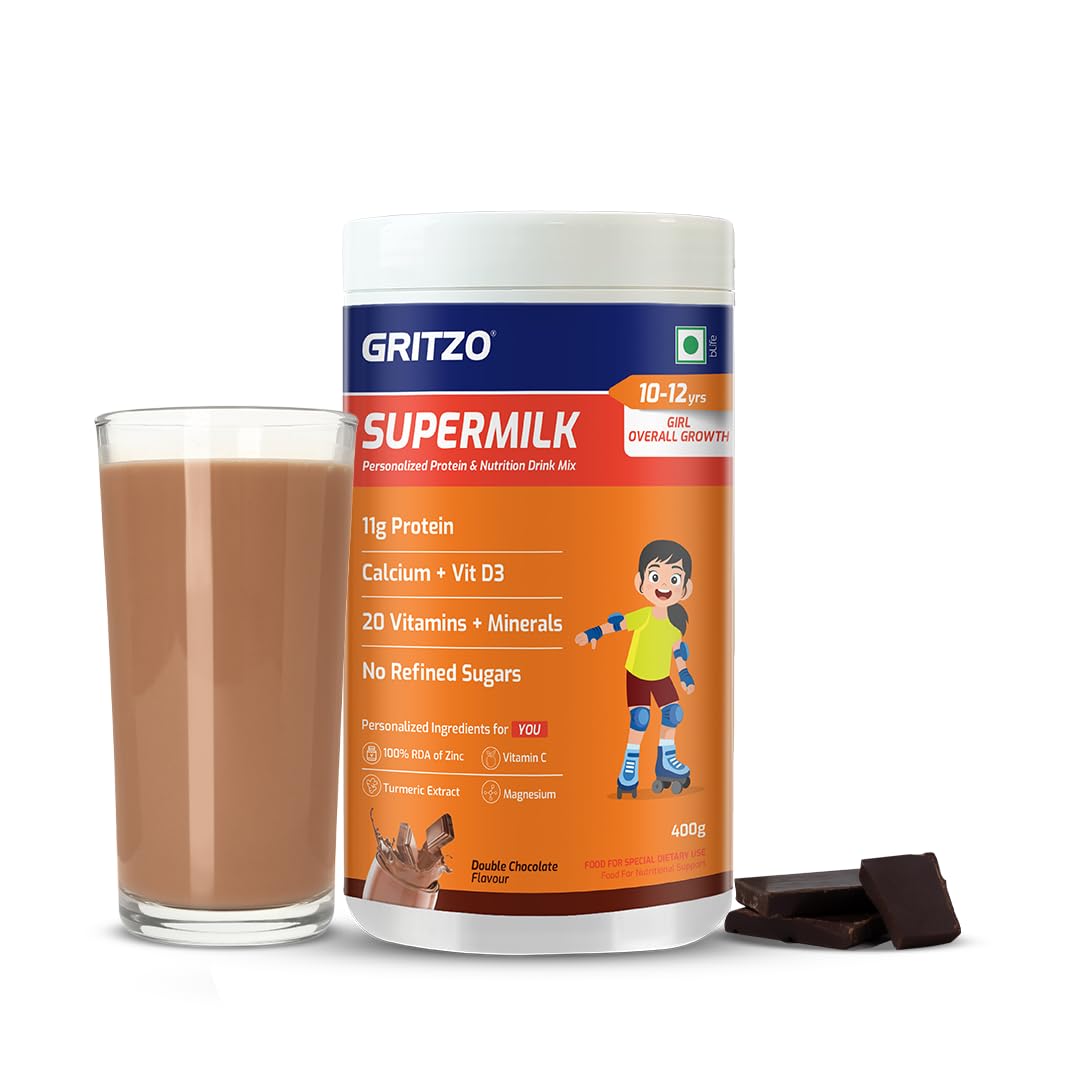 Gritzo SuperMilk Overall Growth (10-12y Girls), 11g Protein Powder (Double Chocolate, 400g) | Zero Refined Sugar, 20 Vitamins & Minerals