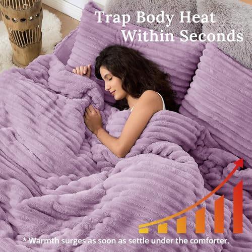 Image of Sasttie Full Comforter Set 3 Pieces - Super Soft Fleece Comforters Full Size, 1 Luxury Warm Fuzzy Marshmallow Comforter with 2 Pillow Cases, Faux Fur Down Alternative Bedding Set, Purple