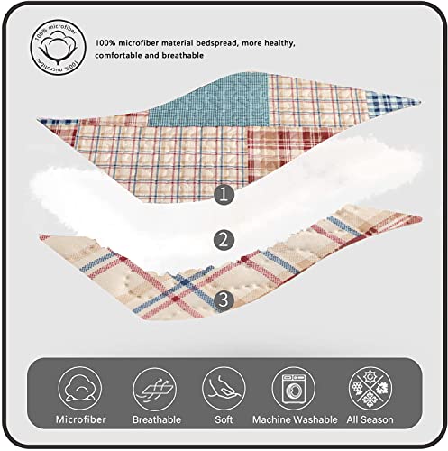 Plaid Quilt Set Queen/Full Size, 3-Piece Patchwork Bedspread Set Reversible Country Plaid Blue Brown Coverlet Quilt Lightweight Bedding Set With 2 Pillow Shams #TOP4