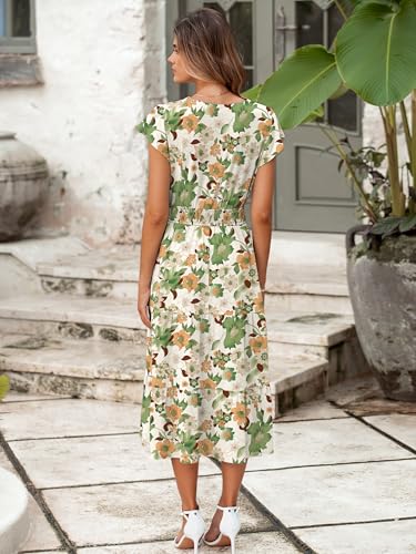 Image of BerryGo Women's Floral Boho Ruffle Summer Midi Dress Short Sleeve V Neck Empire Waist Swing Flowy Dress