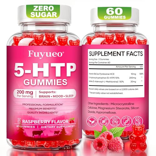 FUYUEO 5-HTP Gummies 200mg with Same & Vitamin B6 Sugar Free for Sleep Mood & Relaxation Support Non-GMO Gluten Free 3rd Party Tested Raspberry Flavor 60 Count