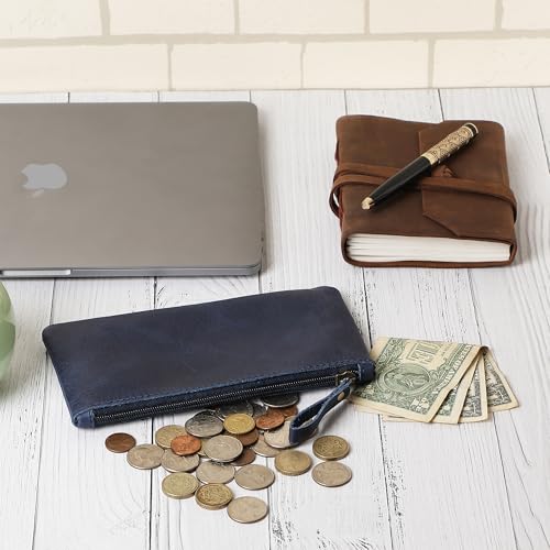 Image of Blue Leather Pencil Pouch with Zipper - Slim Pen Holder (8 inch x 4 inch Inches), Coin Pouch & Cash Holder, Genuine Leather Pencil Case, Money Organizer, Multipurpose Accessory Case for Men & Women