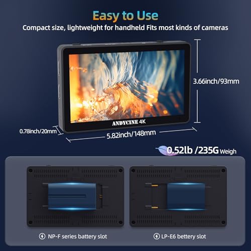 Image of ANDYCINE A6 Plus V2 6 inch On Camera Monitor Bundle, 1920x1080 IPS Field Touchscreen HDR 4K HDMI 8.4V DC 5V2A USB C with Carry Case, Sunhood 3D LUT Waveform Peaking Focus Zebra