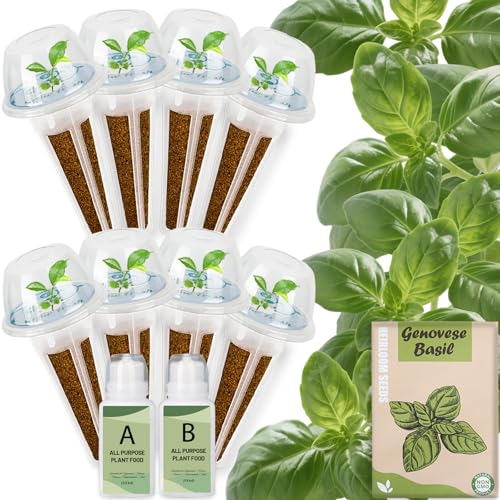 Basil Seed Pods Kit Hydroponic - Refill Herb Pod for All Indoor Garden 8 Grow Pods with Seeds of Genovese Basil & Plant Food Compatible with All Hydroponics Growing Systems