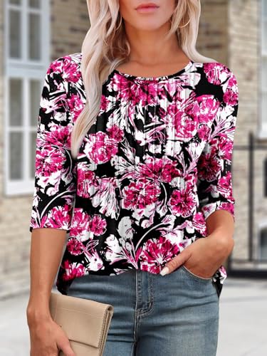 KISSMODA Tunic Tops for Women Loose Fit Dressy Round Neck Pleated 3/4 Length Sleeve Spring Tops