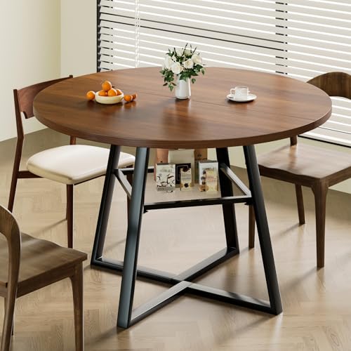 Image of 47 Inch Round Dining Table for 4-6, Space Saving Circle Kitchen Table with Storage, Mid Century Modern Dinner Table with Metal Legs, Wooden Farmhouse Dining Room Table for Living Room, Walnut