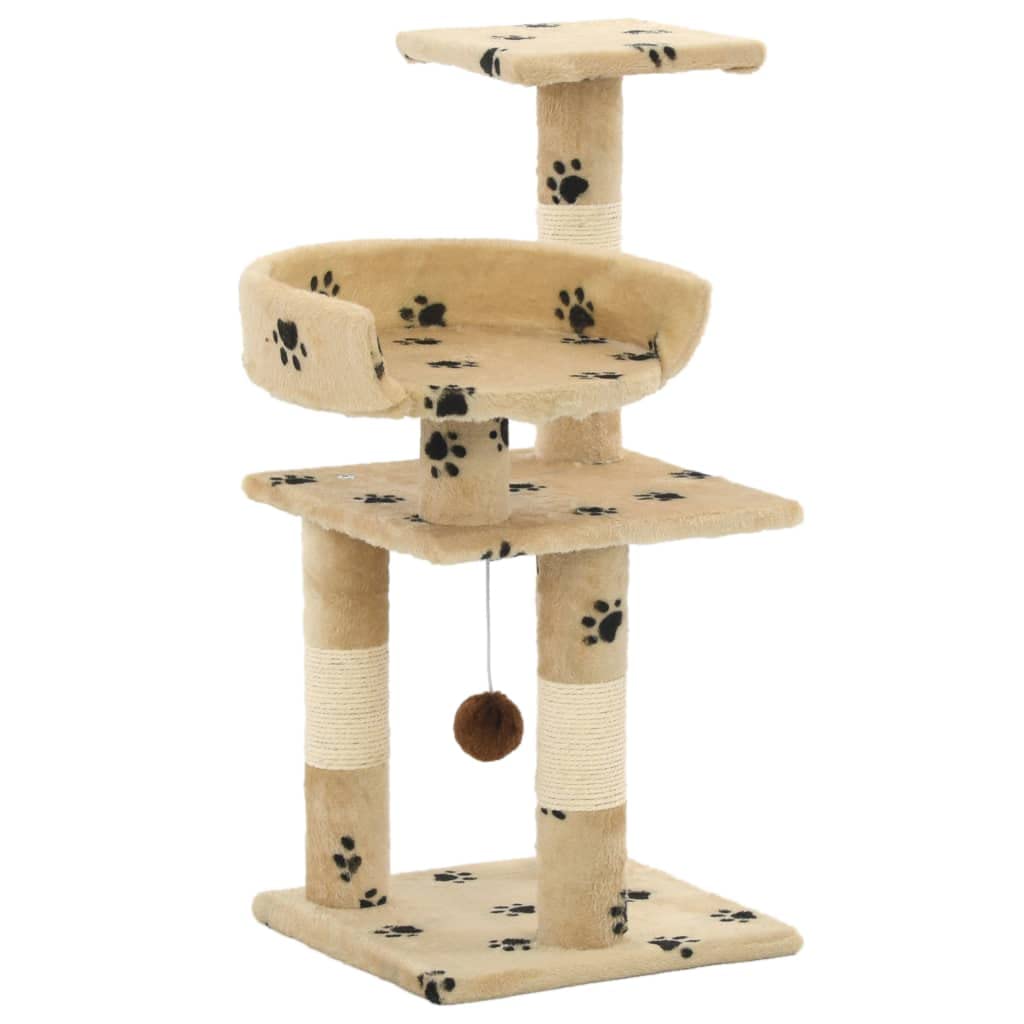 Katzenkratzbaum 65 cm Kleiner Kratzbaum Fuer Katzen mit Sisal-Kratzsaeule und Spielball - Kletterbaum mit Aussichtsplattform, Pfoten-Muster Beige