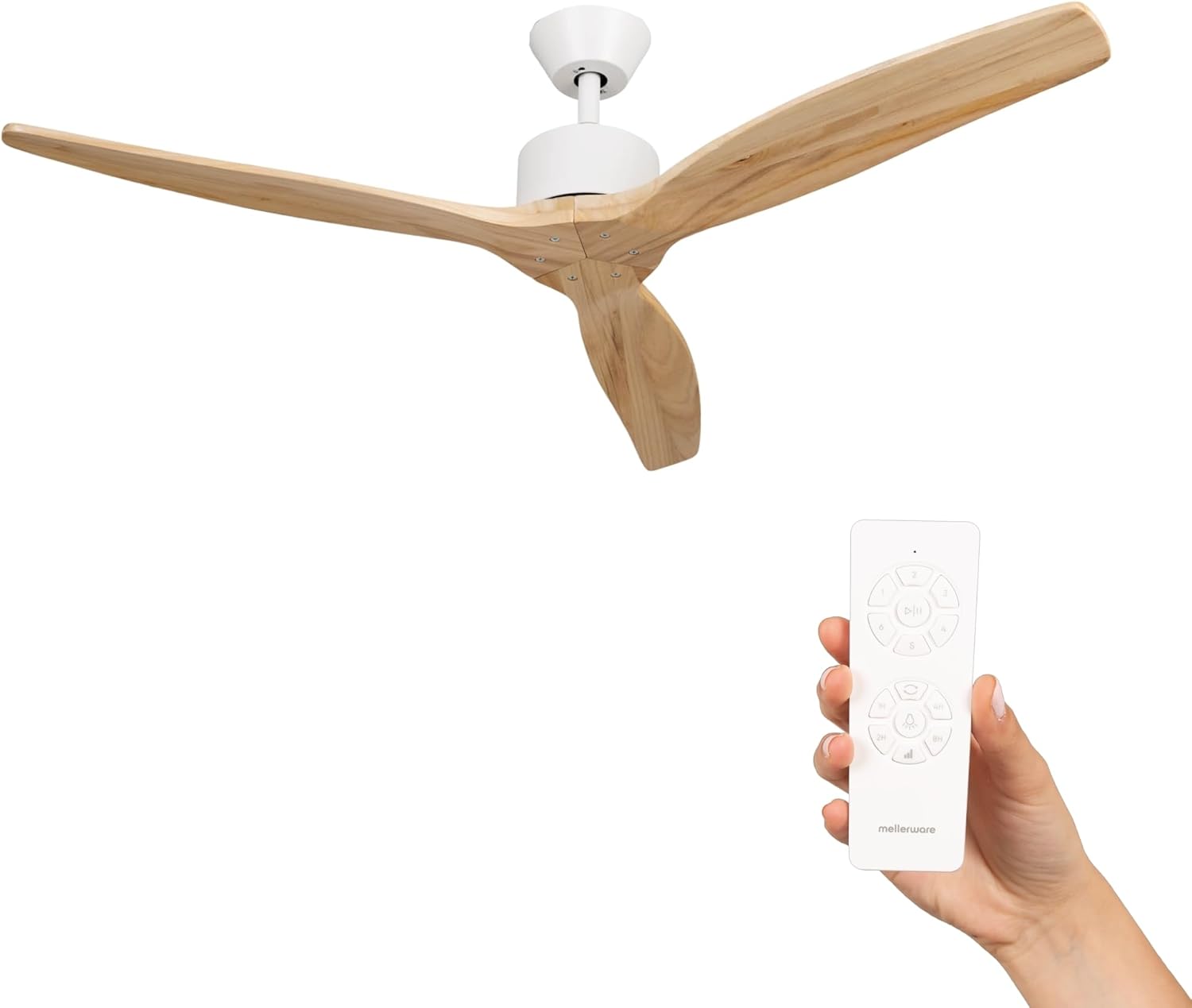 Product image of Mellerware - Ventilateur de plafond avec télécommande Brizy! 45W | Puissant | Ultra silencieux | 3 lames | Diamètre 132cm | 6 vitesses | Refroidissement + LED intégrée | Bois clair