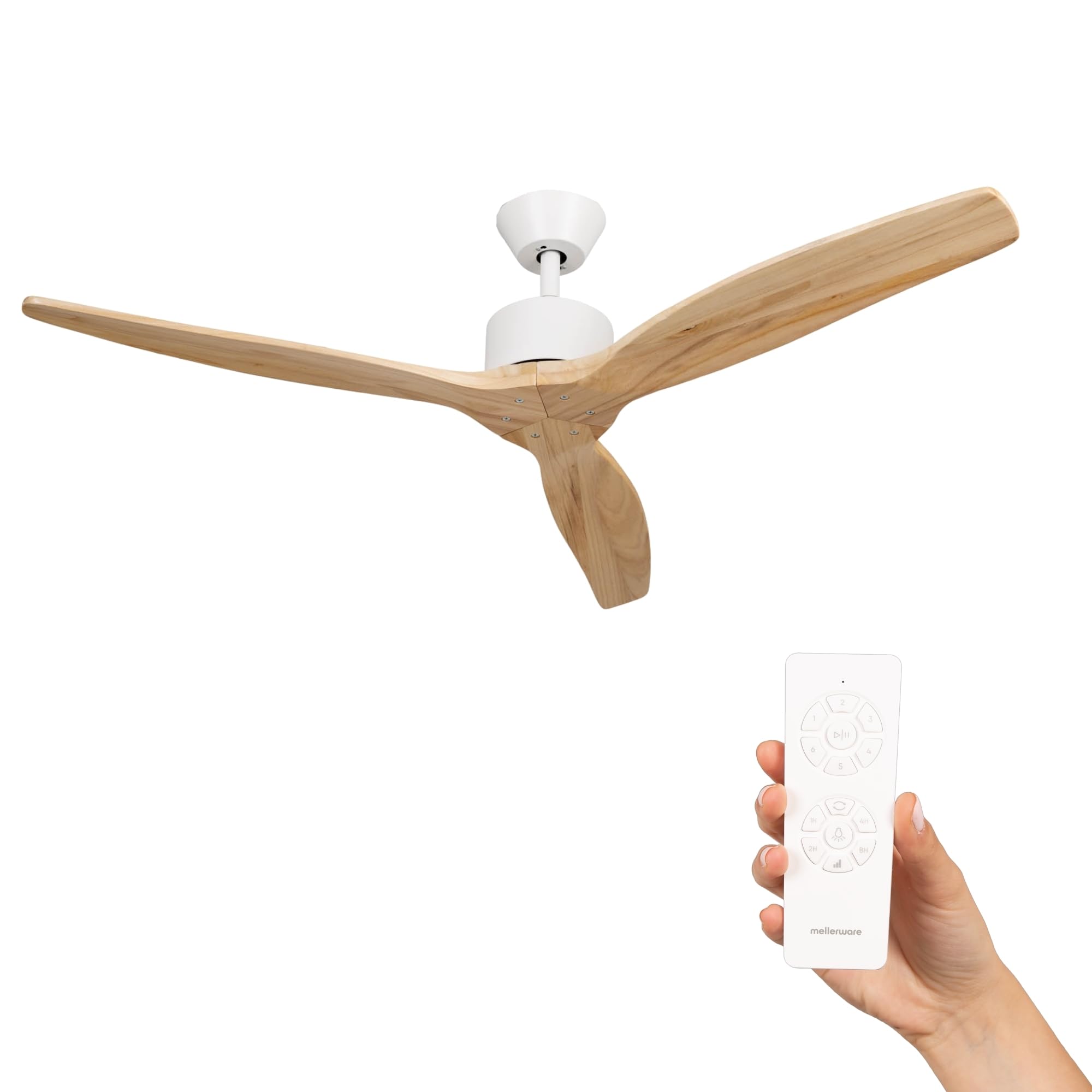 Mellerware - Ceiling fan with remote control Brizy! | 30 W | 6 speeds | Ultra quiet | Summer-Winter function | Timer | 3 blades | 132 diameter | DC motor | Light Wood
