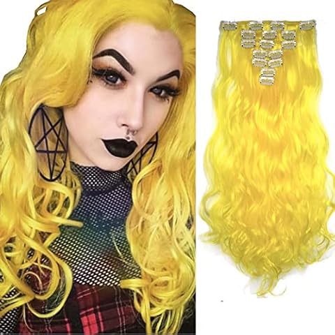 iLUU 20" 7pcs Full Head Wavy Curly Long Clips in on Synthetic Hair Extensions #2C Yellow 16 clips Hairpieces 100g Thick Clip in on Hair Extension for Women Fashion Color (yellow) Cover