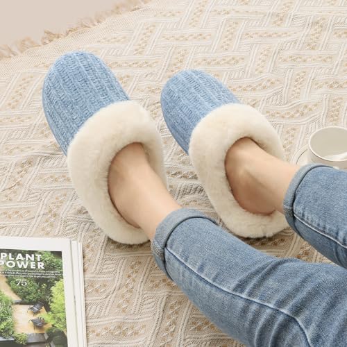 Image of Evshine Warm Knit House Slippers for Women Comfy Wool-Like Lined Chenille Slippers with Memory Foam and Indoor Outdoor Soles