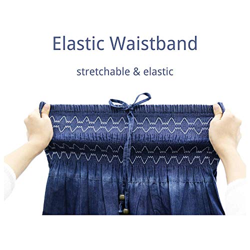 Maxi Skirt Womens High Waist Pleated Tiered Long Skirts, Denim Look with Elastic Waistband, Casual Style Midi Dress for Women, Multi Wearing Styles (Blue18, XX-Large)4