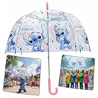 Disney Stitch Kids Transparent Umbrella 75cm PVC Dome | Lightweight Windproof Waterproof Umbrella for Girls 3–7 Years, Durable J Handle Rain & Sun Protection, Cute Character Printed Lilo & Stitch Gift