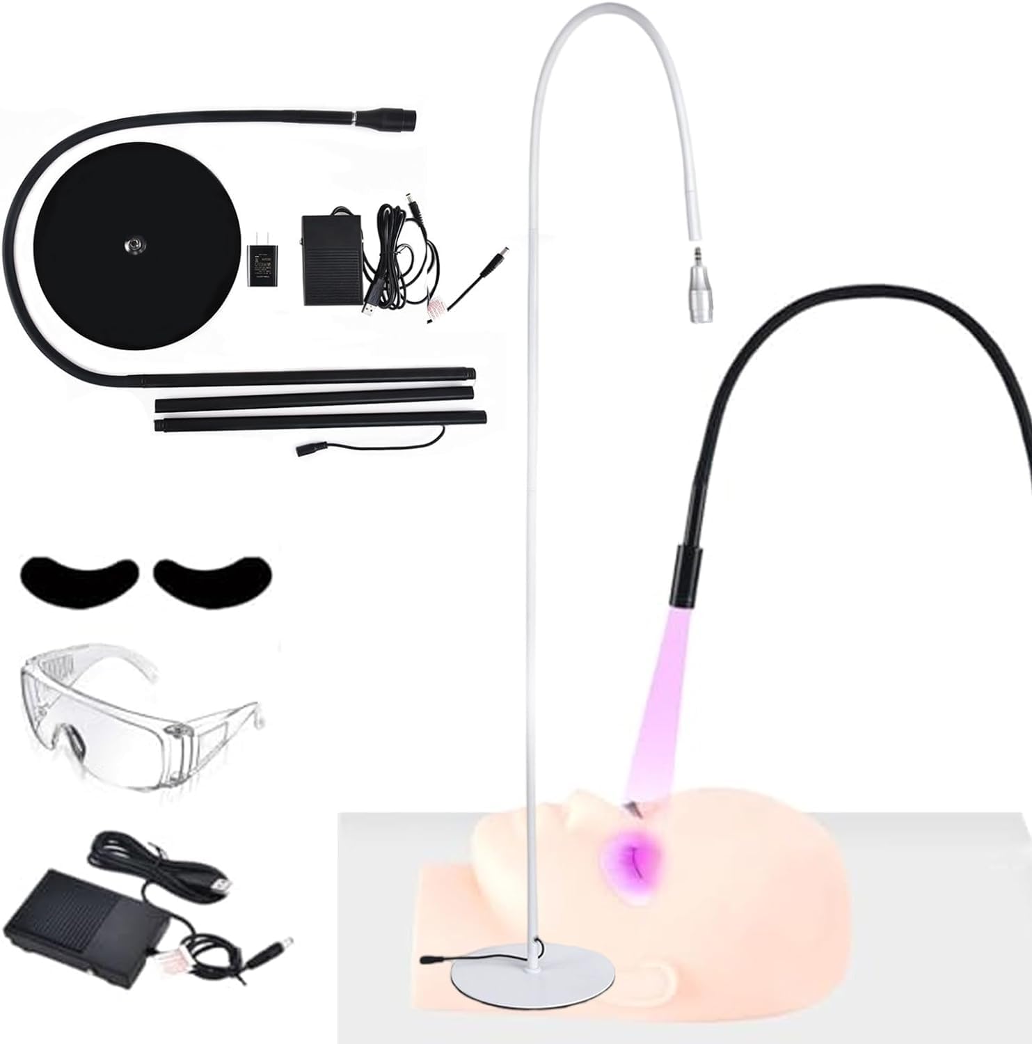 Adjustable UV Light Curing Lamp, UV LED Eyelash Extension Light +Goggles+ Foot Switch, Adjustable Spot Size, 10W Flexible Gooseneck, 395-400nm,White